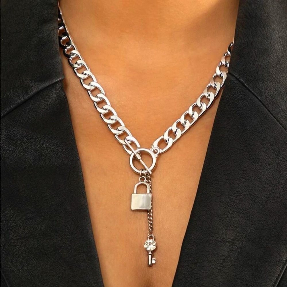 Trendy Boutique Silver Curb Chain Necklace with Lock and Key